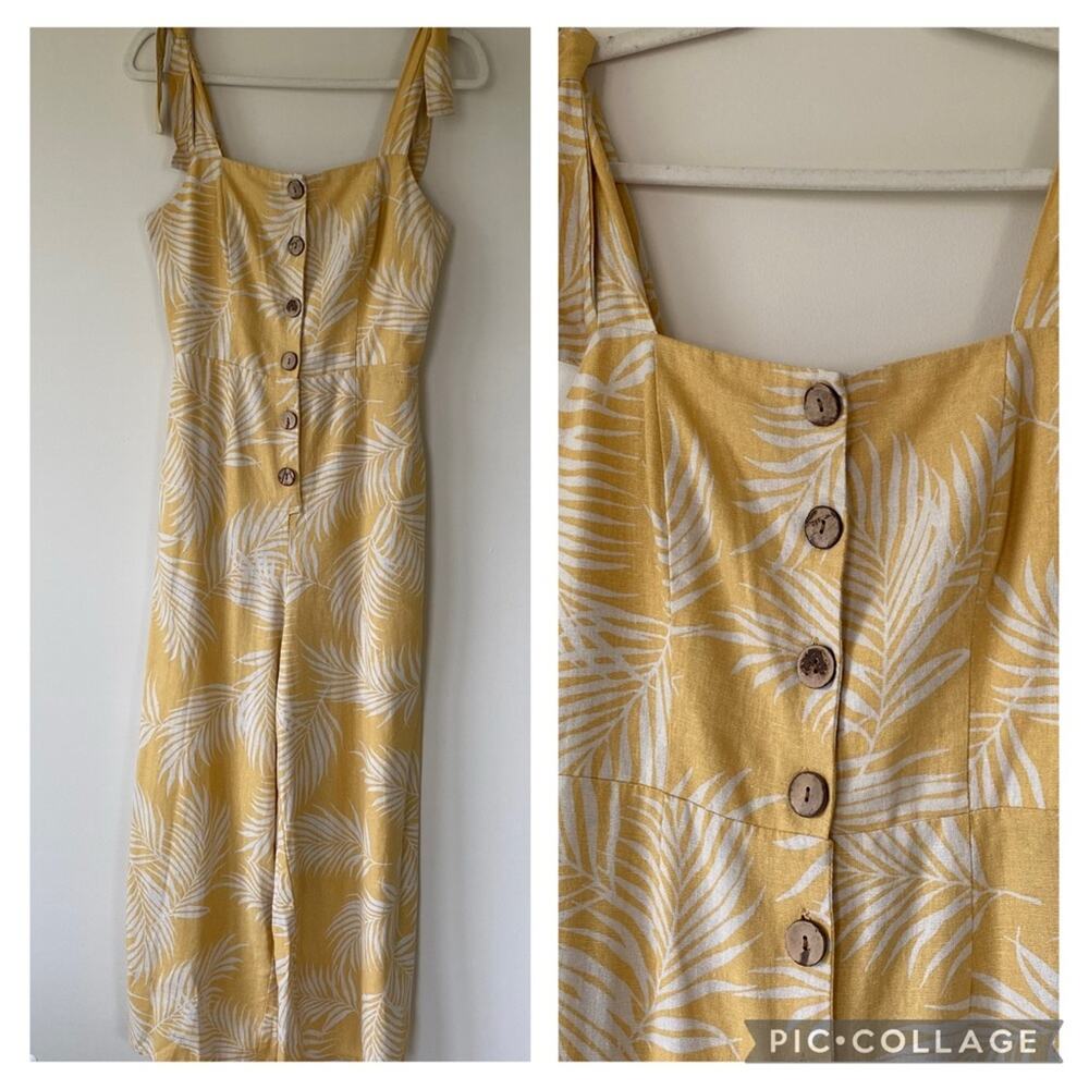 Quiet Storm Linen Blend Wide Leg Palm Leaf Jumpsuit Shoulder Ties Size S Yellow